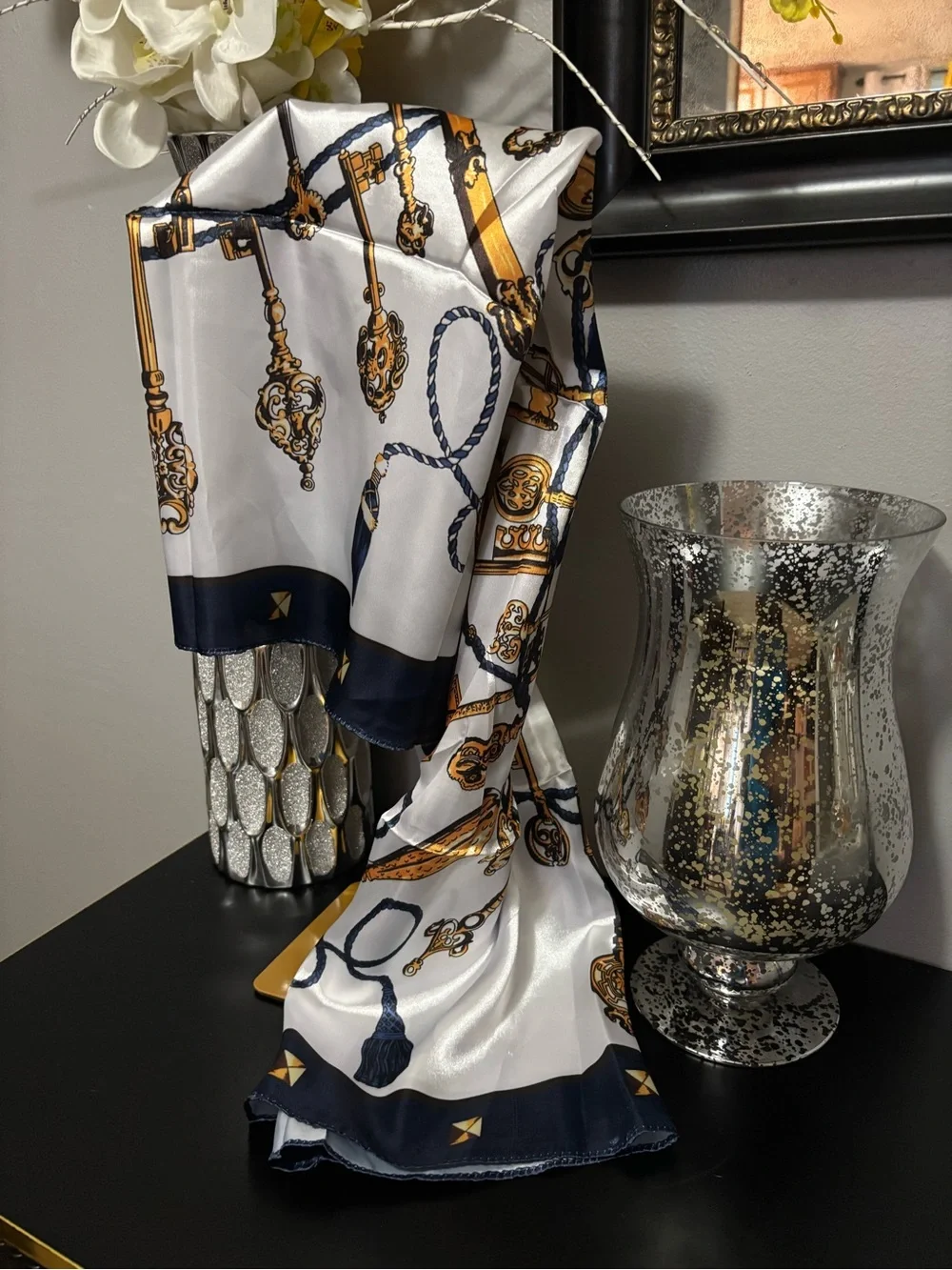 Decorative Silk-Feel Scarf with Navy and Gold Key Motif - Home Accent